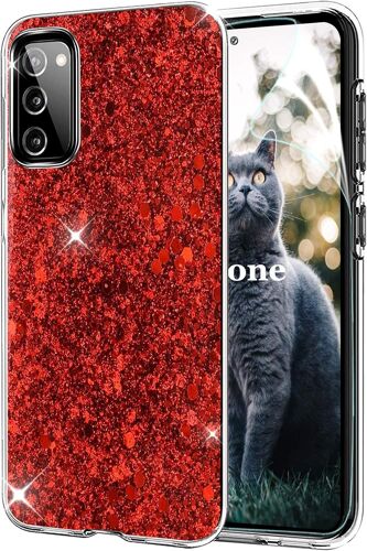 KAL-Coque Pour Samsung Galaxy S20 Fe [Avec Film De Protection Écran Hd], Mince Étui En Silicone Souple Paillette Strass Brillante Bling Bling Glitter De, Flexible Plein-Corps Tpu (Rouge)