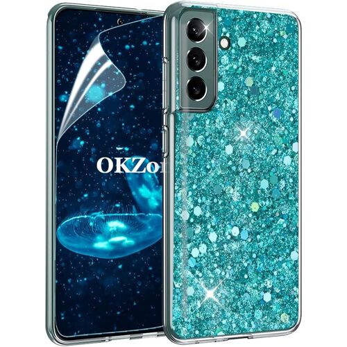 SJZG-Coque Pour Samsung Galaxy S22 Plus [Avec Film De Protection Écran Hd], Mince Étui En Silicone Souple Paillette Strass Brillante Bling Bling Glitter De, Flexible Plein-Corps Tpu (Vert)