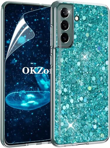 SJZG-Coque Pour Samsung Galaxy S22 Plus [Avec Film De Protection Écran Hd], Mince Étui En Silicone Souple Paillette Strass Brillante Bling Bling Glitter De, Flexible Plein-Corps Tpu (Vert)