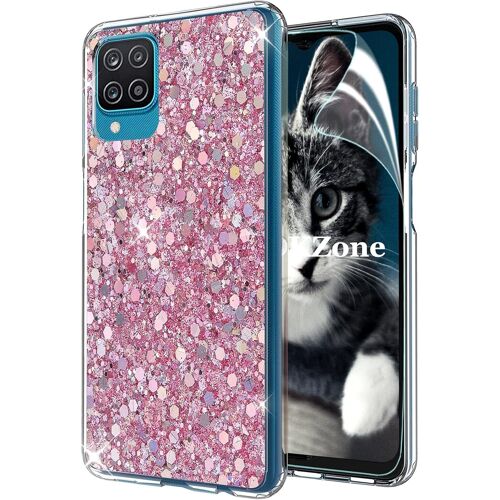 SJZG-Coque Pour Samsung Galaxy A12 [Avec Film De Protection Écran Hd], Mince Étui En Silicone Souple Paillette Strass Brillante Bling Bling Glitter De, Flexible Plein-Corps Tpu (Rose)