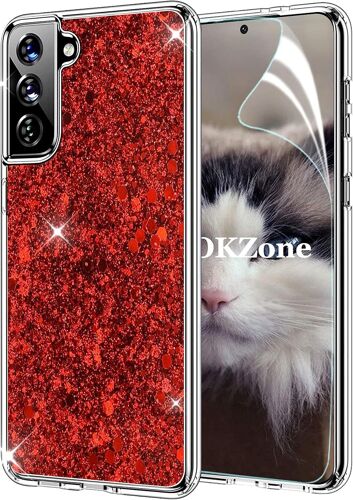KAL-Coque Pour Samsung Galaxy S21 Plus [Avec Film De Protection Écran Hd], Mince Étui En Silicone Souple Paillette Strass Brillante Bling Bling Glitter De, Flexible Plein-Corps Tpu (Rouge)
