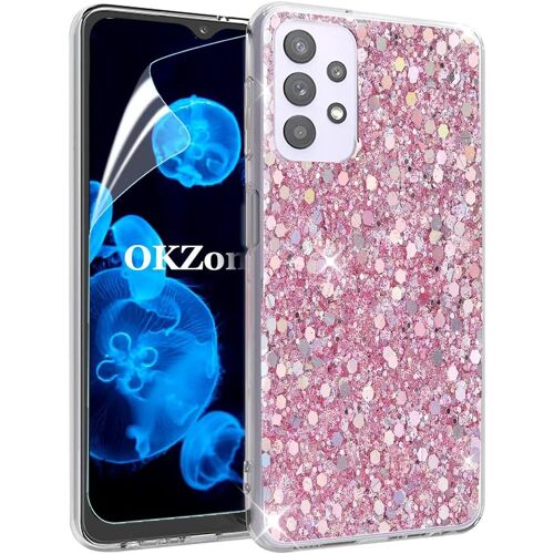 SJZG-Coque Pour Samsung Galaxy A32 5G [Avec Film De Protection Écran Hd], Mince Étui En Silicone Souple Paillette Strass Brillante Bling Bling Glitter De, Flexible Plein-Corps Tpu (Rose)