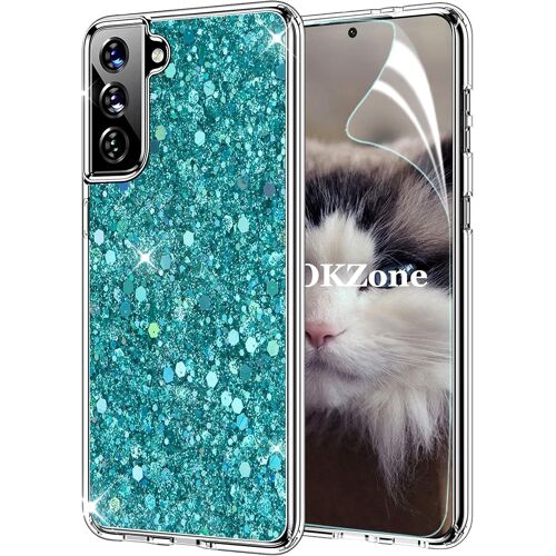 KAL-Coque Pour Samsung Galaxy S21 Plus [Avec Film De Protection Écran Hd], Mince Étui En Silicone Souple Paillette Strass Brillante Bling Bling Glitter De, Flexible Plein-Corps Tpu (Vert)
