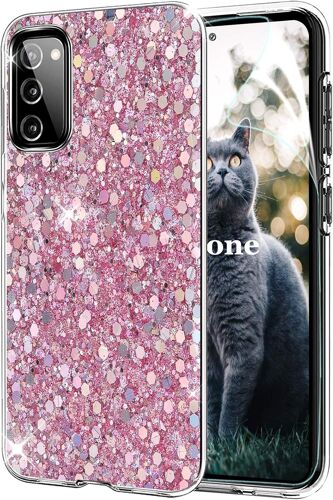 SJZG-Coque Pour Samsung Galaxy S20 Fe [Avec Film De Protection Écran Hd], Mince Étui En Silicone Souple Paillette Strass Brillante Bling Bling Glitter De, Flexible Plein-Corps Tpu (Rose)