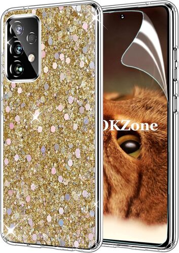 KAL-Coque Pour Samsung Galaxy A72 [Avec Film De Protection Écran Hd], Mince Étui En Silicone Souple Paillette Strass Brillante Bling Bling Glitter De, Flexible Plein-Corps Tpu (Or)