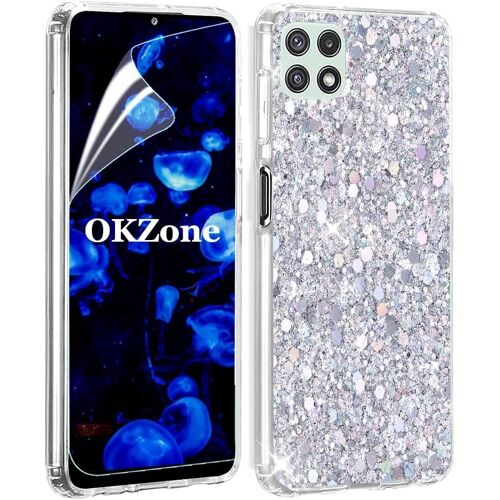 SJZG-Coque Pour Samsung Galaxy A22 5G [Avec Film De Protection Écran Hd], Mince Étui En Silicone Souple Paillette Strass Brillante Bling Bling Glitter De, Flexible Plein-Corps Tpu (Argent)