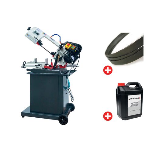 Scie à ruban mobile pour métaux -45°/+60° capacité de coupe ronde 128 mm 0,55 kW 230V 3 lames de scie et 5L d'huile de refroidissement Torros SC135G PACK