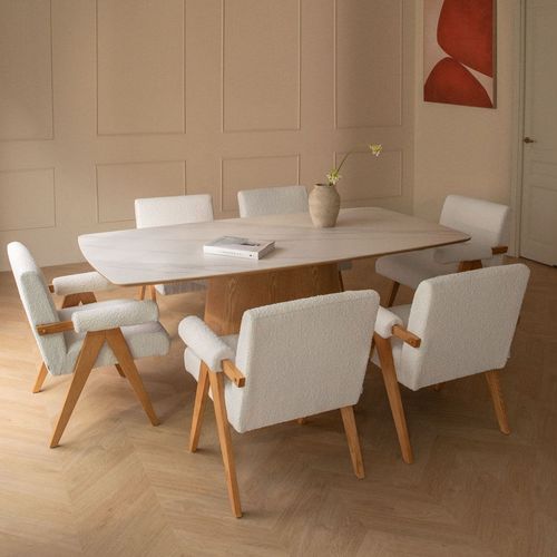 Ensemble De Table Rectangulaire 200x100 Cm Avec Plateau En Céramique Aura Et 6 Chaises De Salle À Manger En Bois Et Tissu Bouclé Céramique