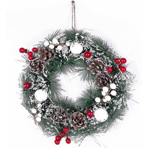 Couronne de décoration de Noël pour porte d'entrée,suspension murale boule de neige rouge baie cône de pin guirlande