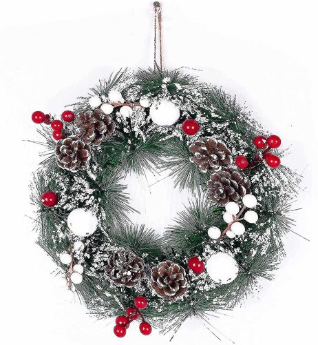 Couronne de décoration de Noël pour porte d'entrée,suspension murale boule de neige rouge baie cône de pin guirlande
