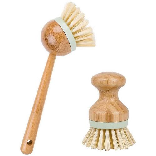 Mini brosse de palmier ronde en bambou et brosse de palme à long manche - vaisselle vaisselle,casseroles,poêles,légumes bois naturel