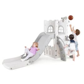 Toboggan 6 En 1 Costway Avec Panier De Basket Et Télescope, Marches Antidérapantes, Cadeaux Pour Garçons Et Filles Gris
