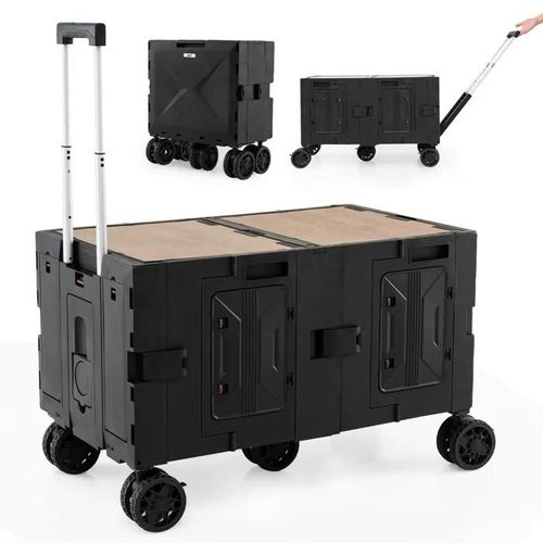 COSTWAY Chariot de Plage/Camping avec Table - Pliable Rapide dans 5s - Poignée Télescopique,Roulettes Tout Terrain Noir