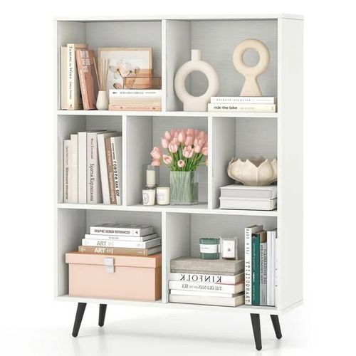 Bibliothèque Etagère À 7 Cubes Costway Avec 4 Pieds Métalliques, 2 Kits Antichute Pour Salon, Bureau, Chambre, 80x24x107cm Blanc