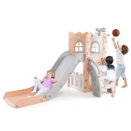 Toboggan 6 En 1 Costway Avec Panier De Basket Et Télescope, Marches Antidérapantes, Cadeaux Pour Garçons Et Filles Rose
