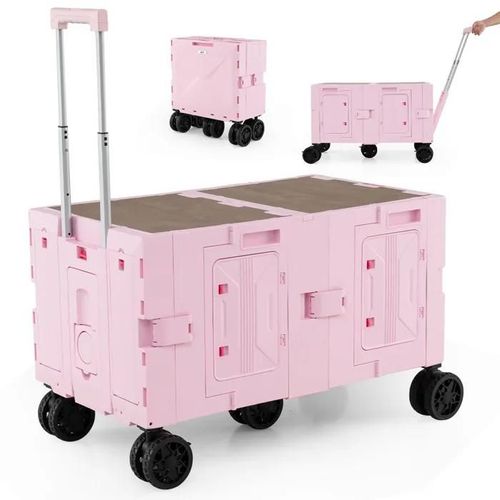 COSTWAY Chariot de Plage/Camping avec Table - Pliable Rapide dans 5s - Poignée Télescopique,Roulettes Tout Terrain Rose