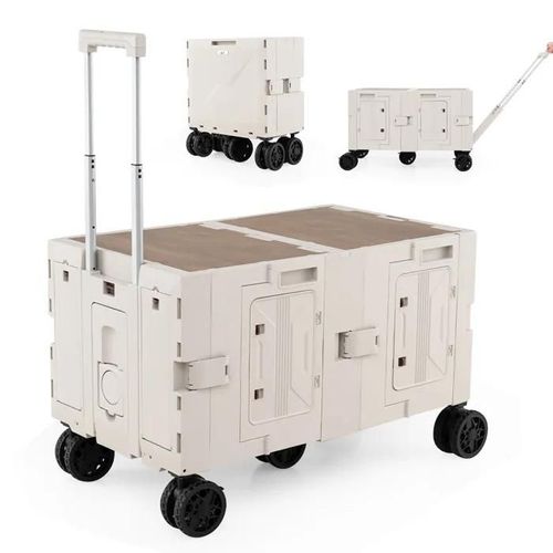 COSTWAY Chariot de Plage/Camping avec Table - Pliable Rapide dans 5s - Poignée Télescopique,Roulettes Tout Terrain Blanc