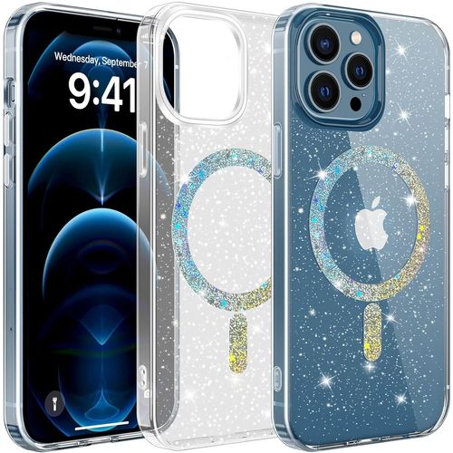 Sjzg-Magnétique Pailletée Coque Pour Iphone 12 Pro Max, Compatible Magsafe Anti Jaunissement Rayures Protection Antichoc Coque, Transparente Bling Brillante Arrière, Clear