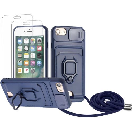 Coque Avec Cordon Compatible Iphone 6 Plus/6s Plus/7 Plus/8 Plus ¿ 2x Verre Trempé, Emplacement Carte, Cache Caméra Coulissant, Anneau Support 360° - Bleu Marine