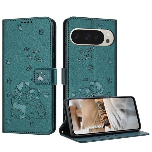 Étui en cuir avec cordon pour Google Pixel 10 Pro XL, motif chaton en relief - Vert foncé