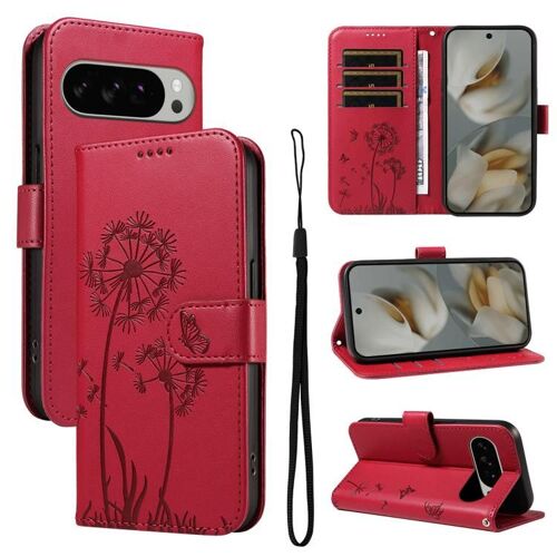 Étui à rabat en cuir avec motif pissenlit en relief pour Google Pixel 10 Pro XL 5G - Rouge