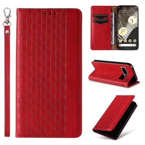 Étui en cuir magnétique tressé et gaufré pour Google Pixel 7 Pro - Rouge