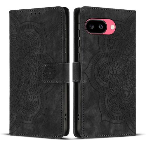 Étui en cuir givré rétro avec motif mandala en relief pour Google Pixel 9a - Noir