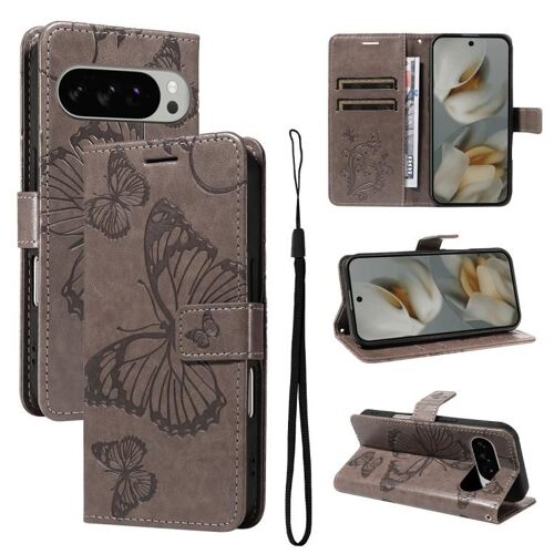 Étui à rabat en cuir avec motif papillon 3D en relief pour Google Pixel 10 Pro XL - Gris