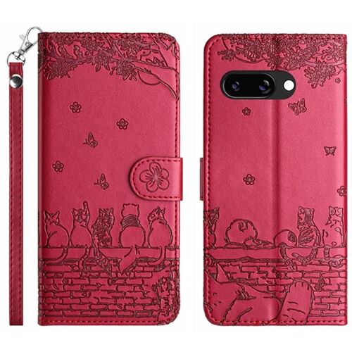 Étui en cuir avec cordon pour Google Pixel 9a, motif chat en relief - Rouge
