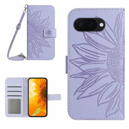Étui à rabat en cuir avec lanière pour Google Pixel 9a, effet peau de pêche et motif tournesol gaufré - Violet