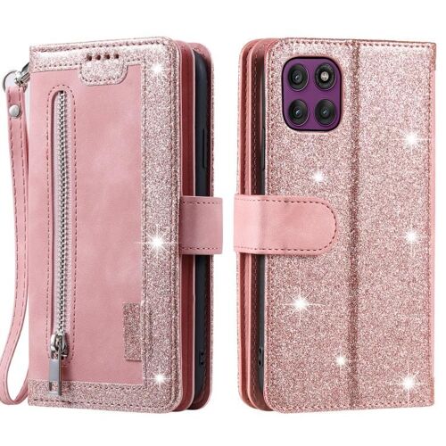 Étui en cuir avec cordon pour Motorola Edge 60 Pro, neuf cartes, fermeture éclair - Rose