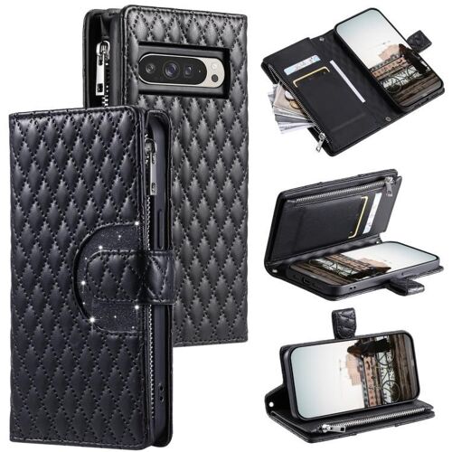 Étui portefeuille en cuir à fermeture éclair et motif treillis pailleté pour Google Pixel 10 Pro XL - Noir