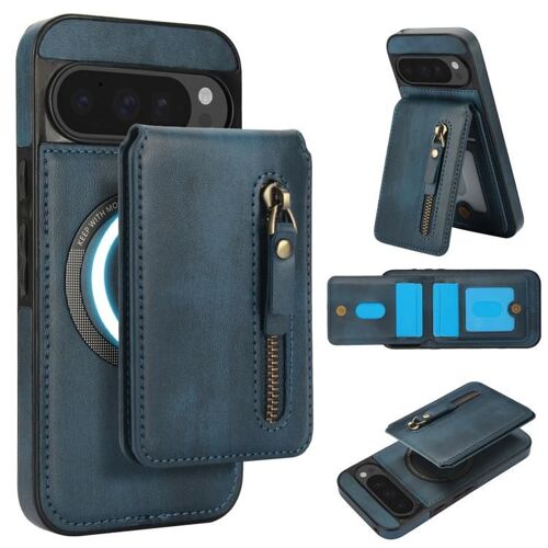 Étui portefeuille à fermeture éclair en cuir avec rabat MagSafe pour Google Pixel 9 Pro XL - Bleu