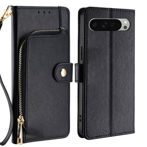 Étui en cuir avec fermeture éclair pour Google Pixel 9 Pro XL - Noir