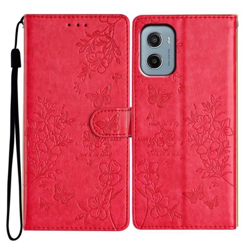 Étui en cuir à motif papillons et fleurs pour Motorola Moto E15 - Rouge