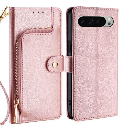 Étui en cuir avec fermeture éclair pour Google Pixel 9 Pro XL - Or rose