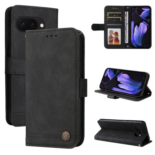 Étui en cuir avec bouton métallique pour Google Pixel 9a - Noir
