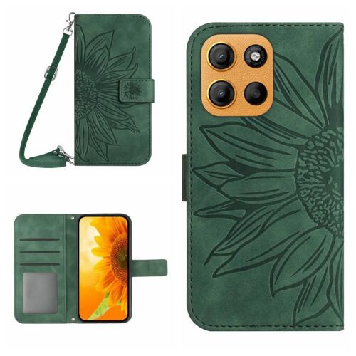Étui à rabat en cuir avec lanière pour Motorola Moto G Stylus 5G 2025 HT04, motif tournesol en relief - Vert