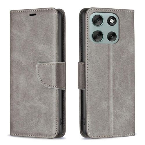 Étui à rabat en cuir d'agneau couleur pure pour Motorola Moto G56 5G - Gris