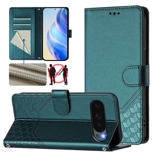 Étui en cuir avec motif nid d'abeille et protection RFID pour Google Pixel 10 Pro XL 5G - Vert paon