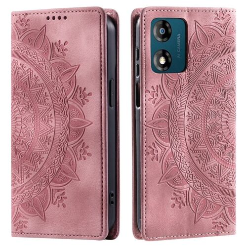 Étui en cuir magnétique gaufré Totem pour Motorola Moto E14 - Or rose