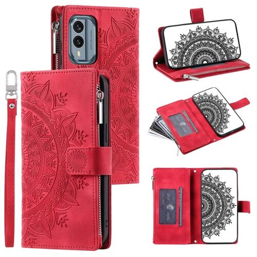 Étui en cuir à fermeture éclair multi-cartes pour Nokia X30 - Rouge