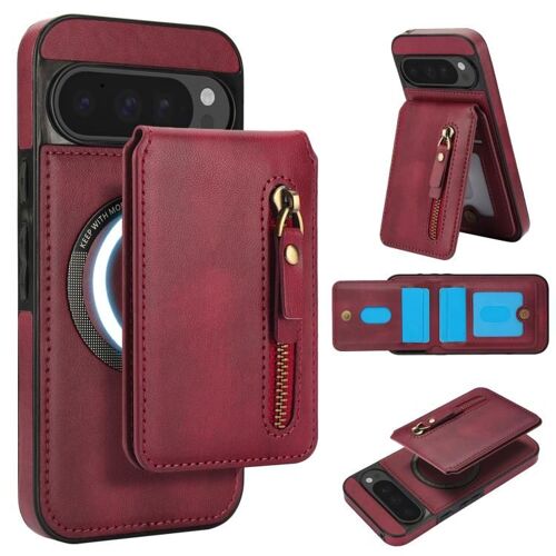 Étui portefeuille à fermeture éclair en cuir avec rabat MagSafe pour Google Pixel 9 Pro XL - Rouge