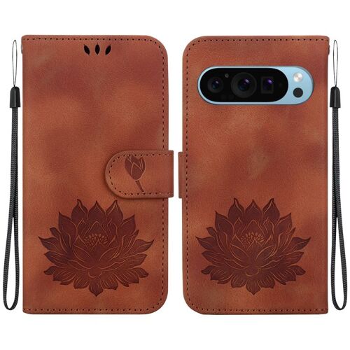 Étui en cuir gaufré motif lotus pour Google Pixel 9 Pro - Brun