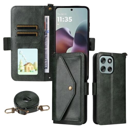Étui à bandoulière en cuir de vachette avec emplacements pour cartes pour Motorola Moto G56 / G66j / G66y 5G - Vert
