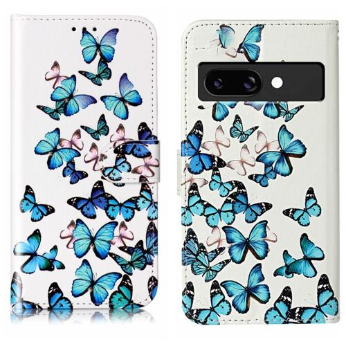 Étui en cuir à motif marbré coloré pour Google Pixel 9a - Petits papillons bleus