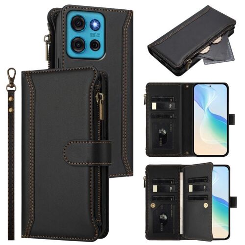 Étui en cuir à fermeture magnétique avec 9 emplacements pour cartes et dragonne pour Motorola Moto G75 5G - Noir
