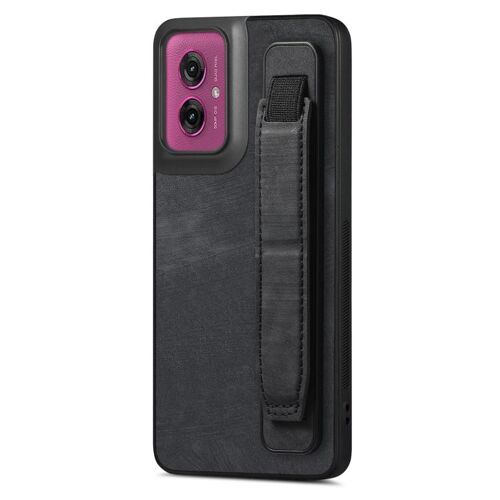 Étui arrière en cuir avec support de bracelet rétro pour Motorola Moto G55 - Noir