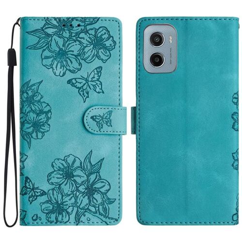 Coque en PU gaufré pour Motorola Moto E15, motif fleurs de cerisier et papillons - Vert