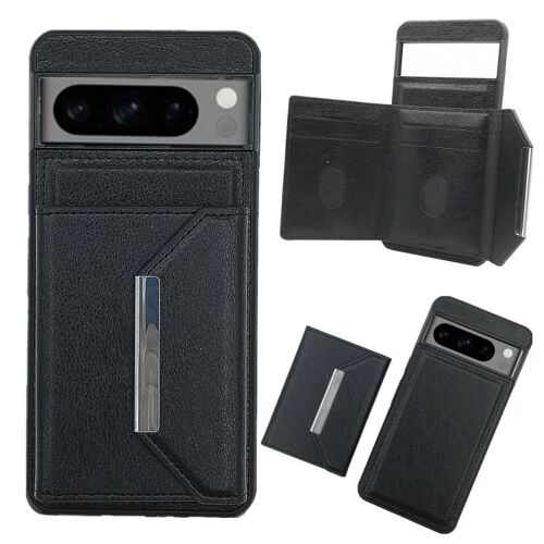 Étui pour Google Pixel 7 Pro, couleur unie, avec boucle en métal et emplacements pour cartes - Noir